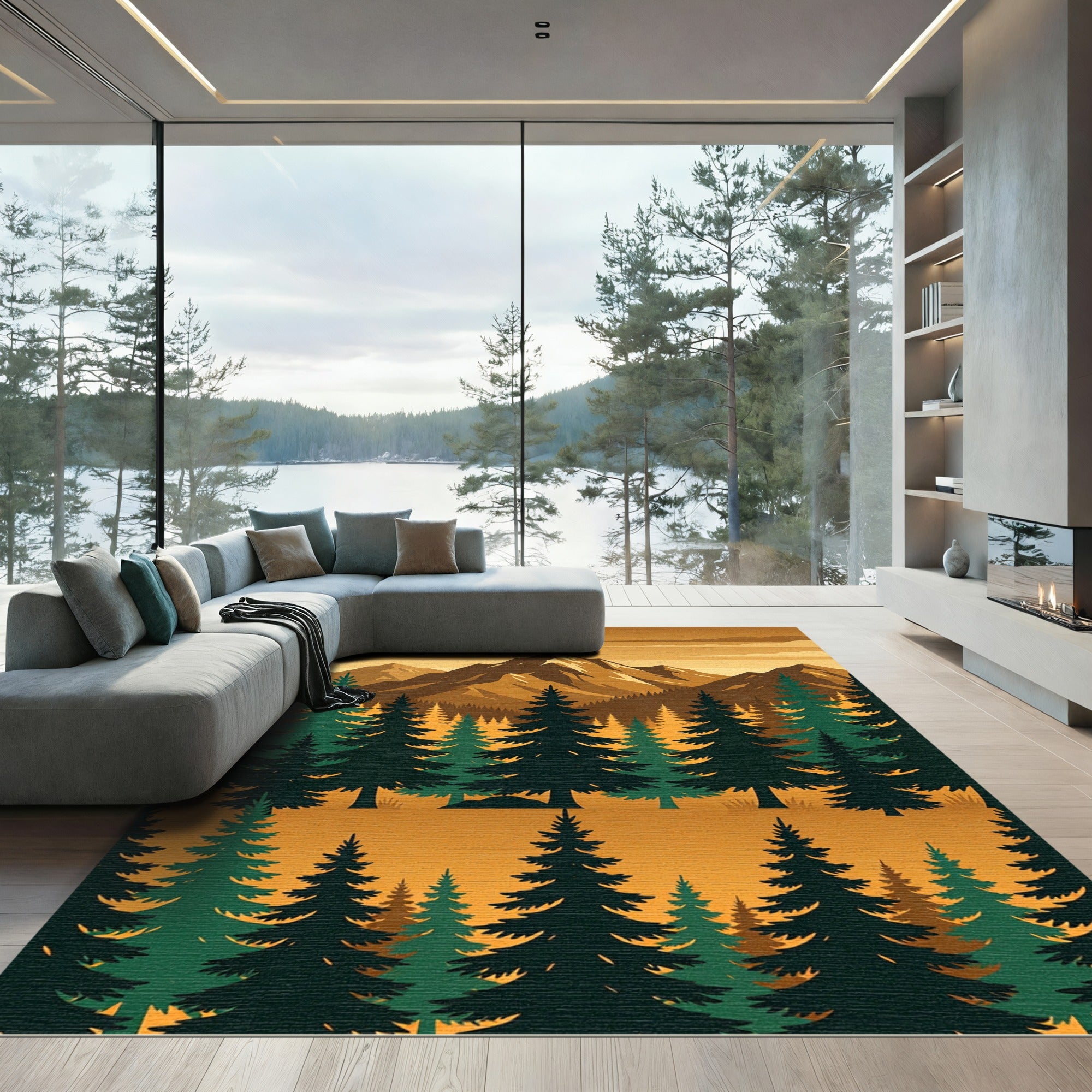 Golden Mountain Forest Silhouette Landscape Rug