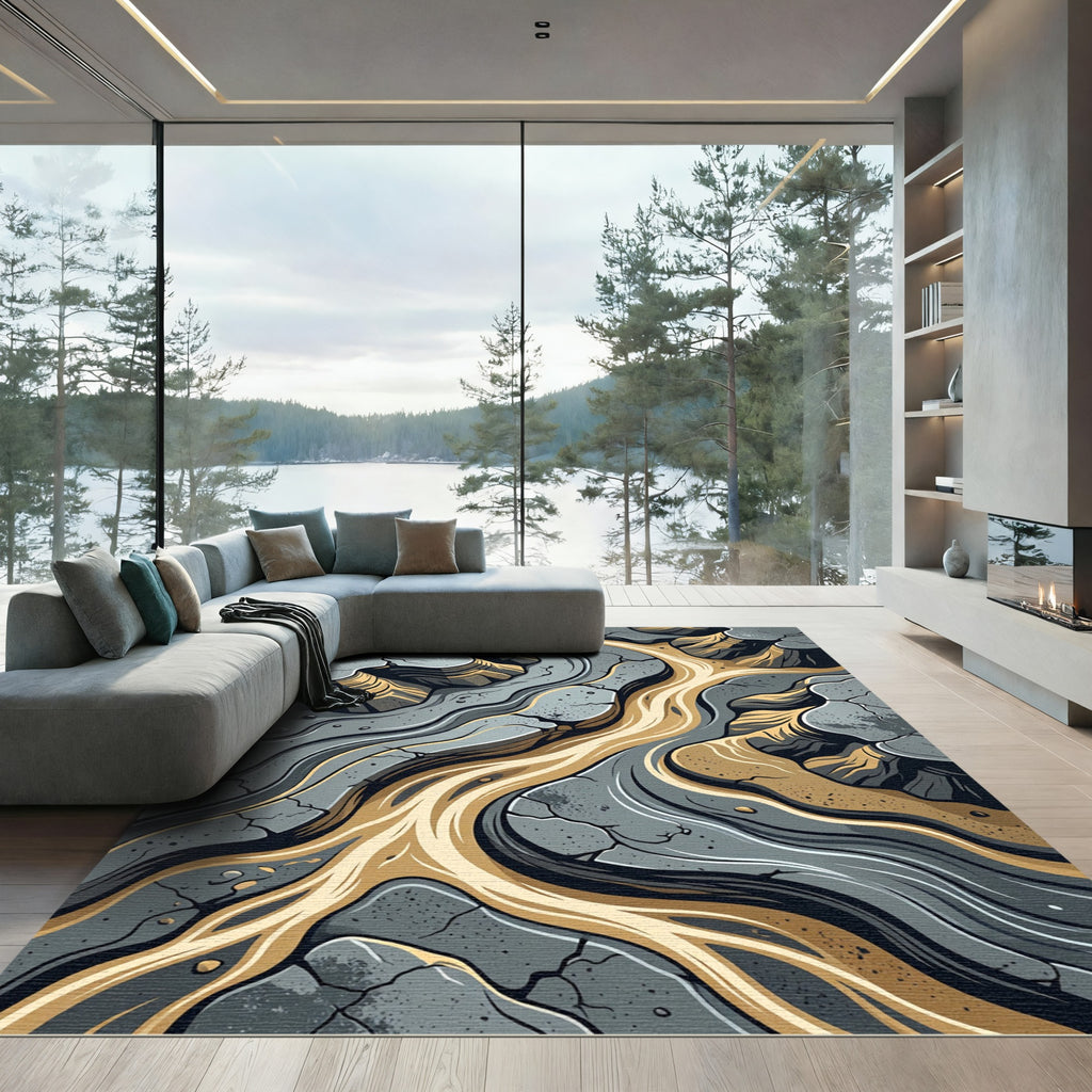 Golden Flowing River Stone Abstract Rug