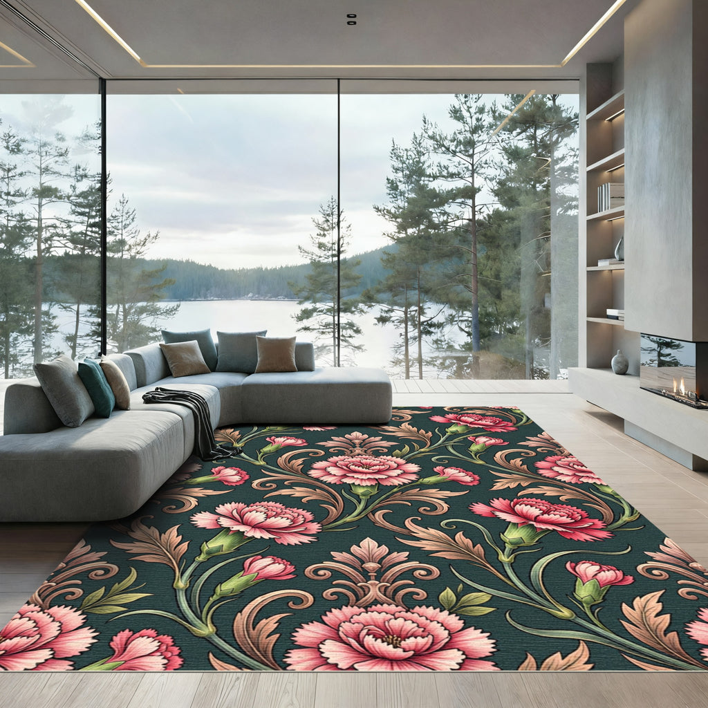 Elegant Pink Carnation Floral Damask Rug