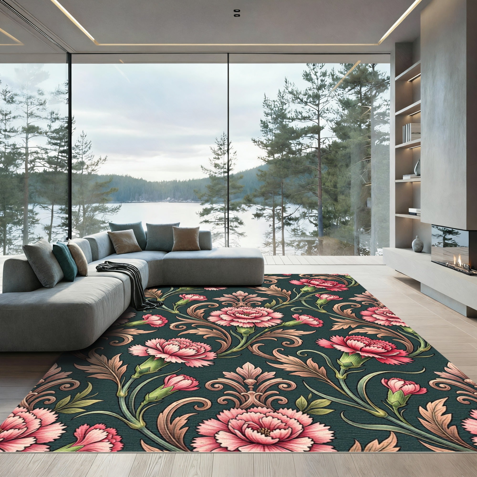 Elegant Pink Carnation Floral Damask Rug