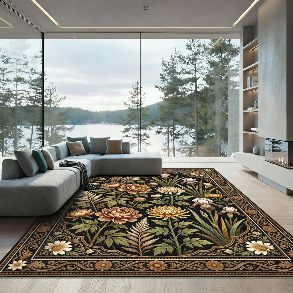 Elegant Botanical Floral Onyx Earth Rug