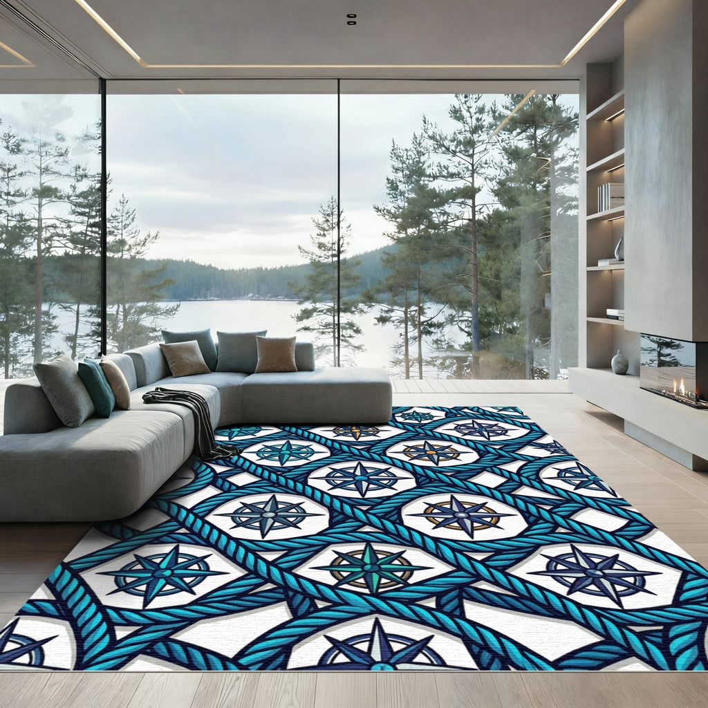Nautical Blue Compass Rope Interlace Rug