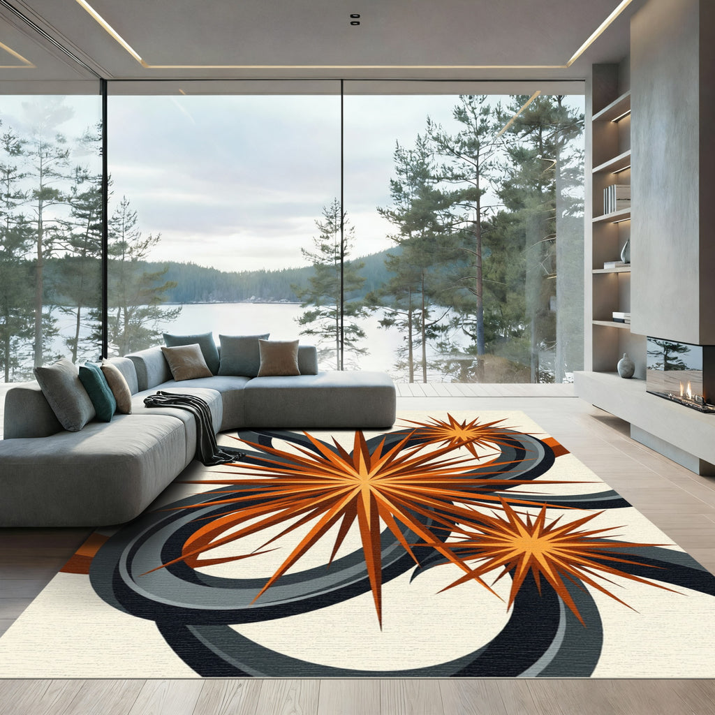 Dynamic Copper Starburst Abstract Charcoal Swirl Rug