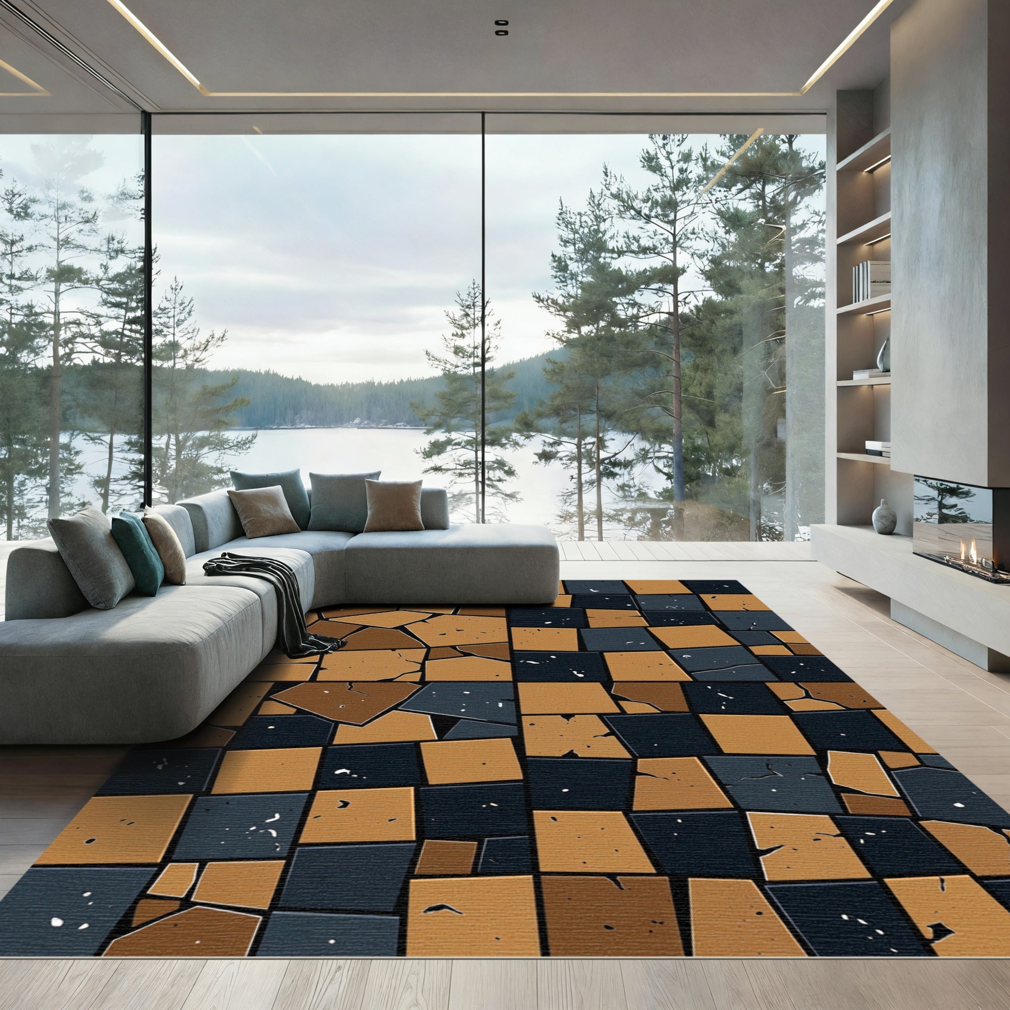 Abstract Earthy Ochre and Obsidian Tiled Rug