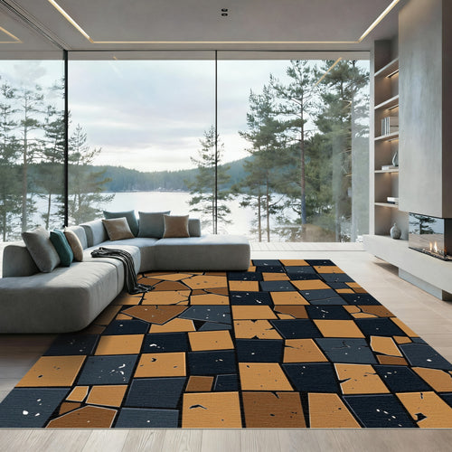 Abstract Earthy Ochre and Obsidian Tiled Rug
