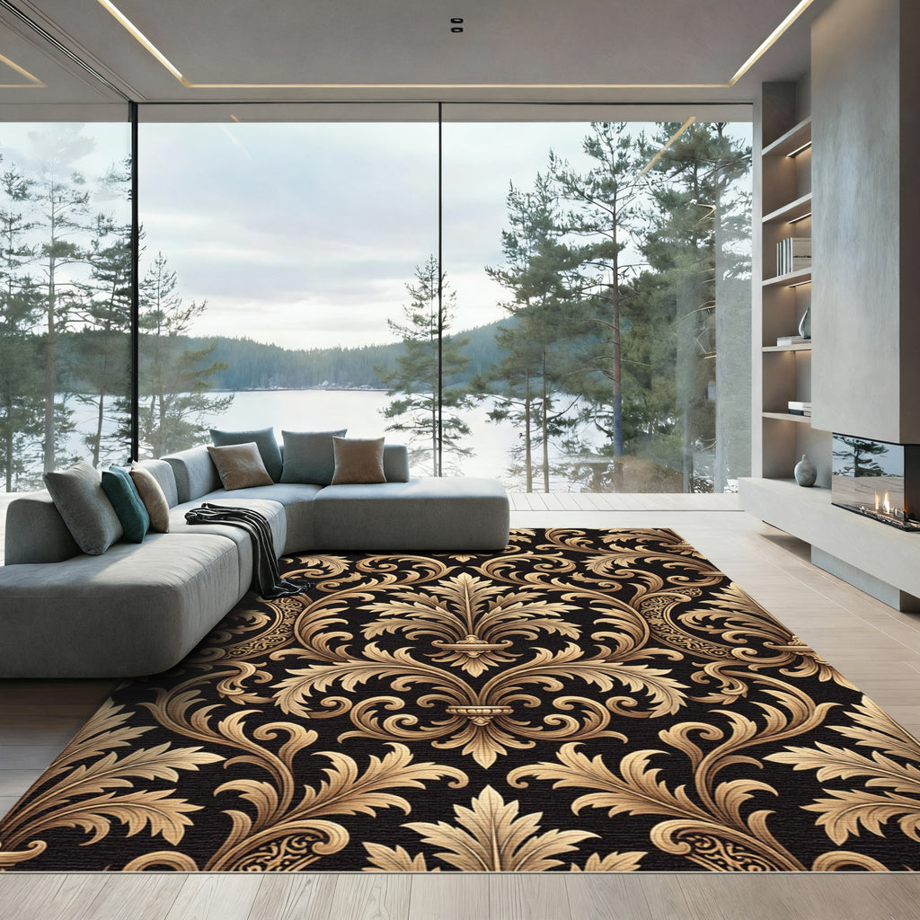 Golden Baroque Scroll Damask Black Rug