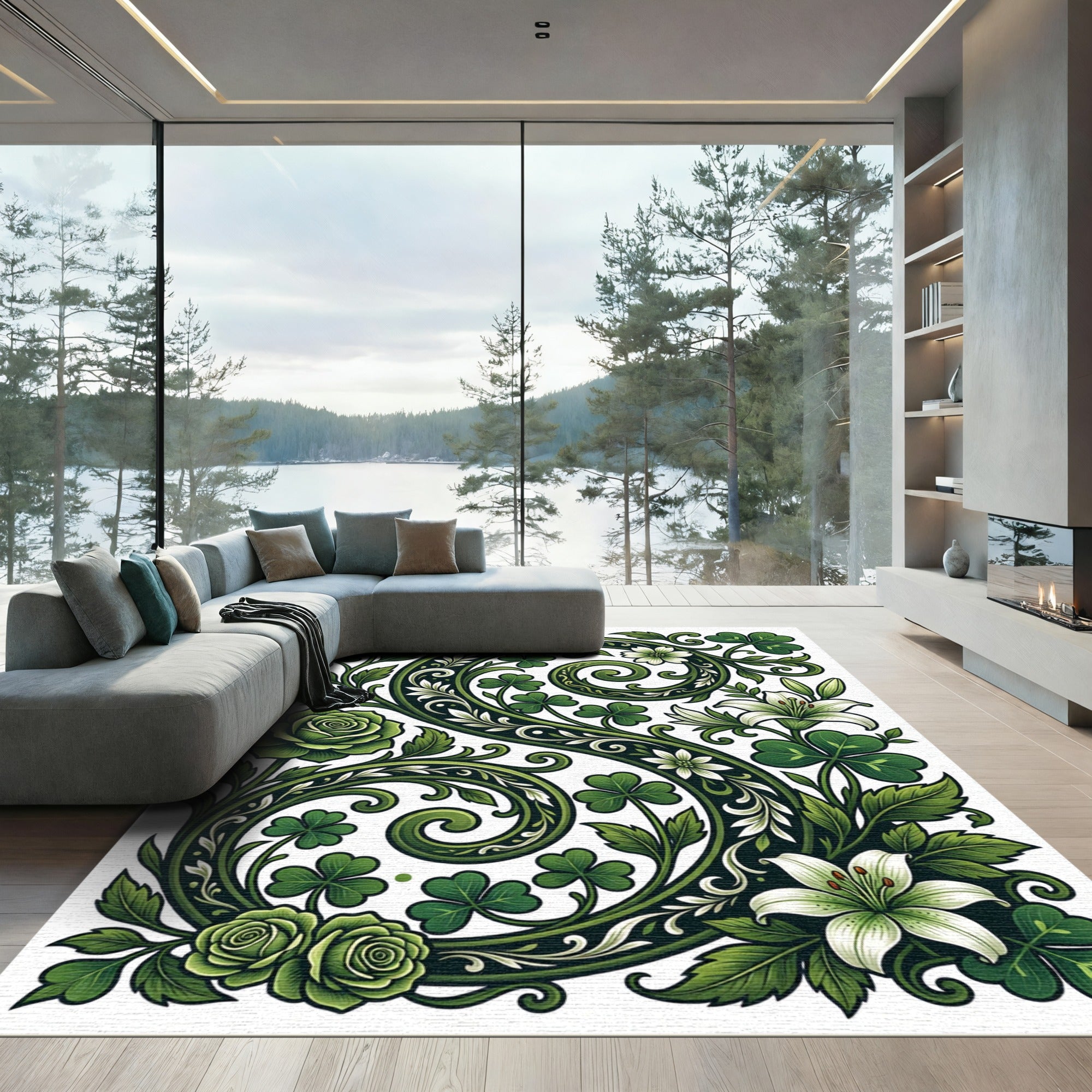 Emerald Green Floral Clover Scroll Rug