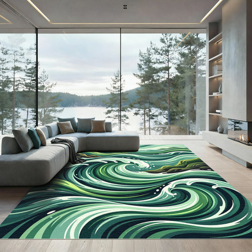 Abstract Emerald Ocean Wave Swirl Rug