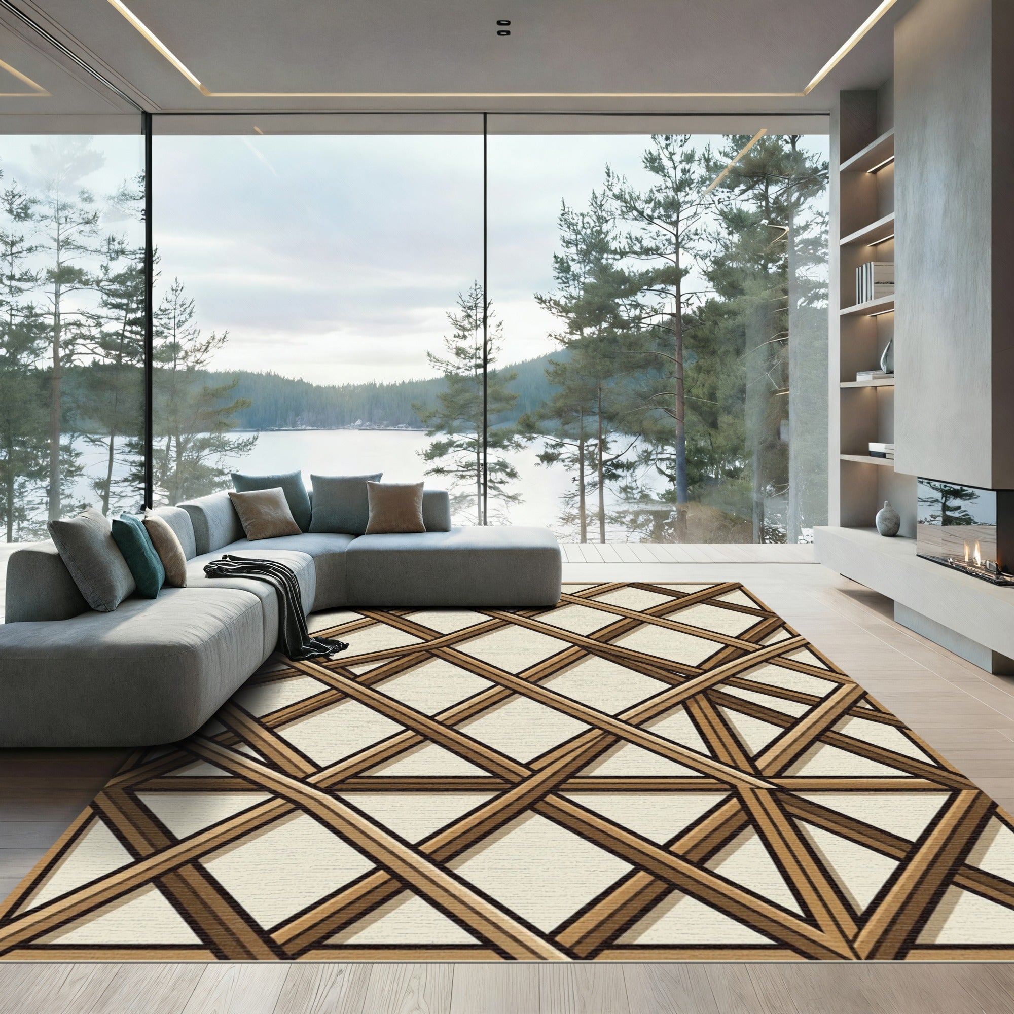 Modern Tan Wood Lattice Grid Rug