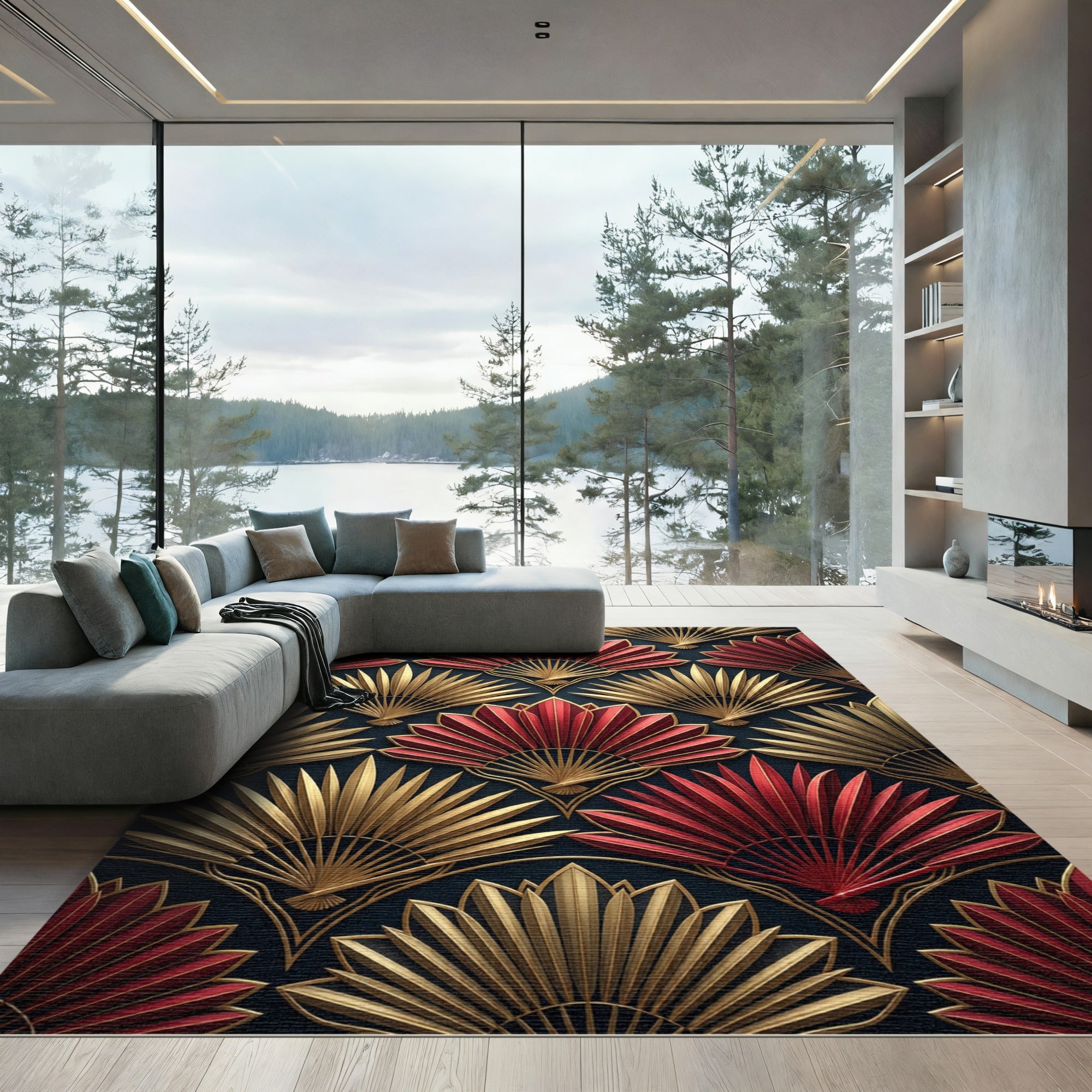 Golden Art Deco Fan Crimson Rug