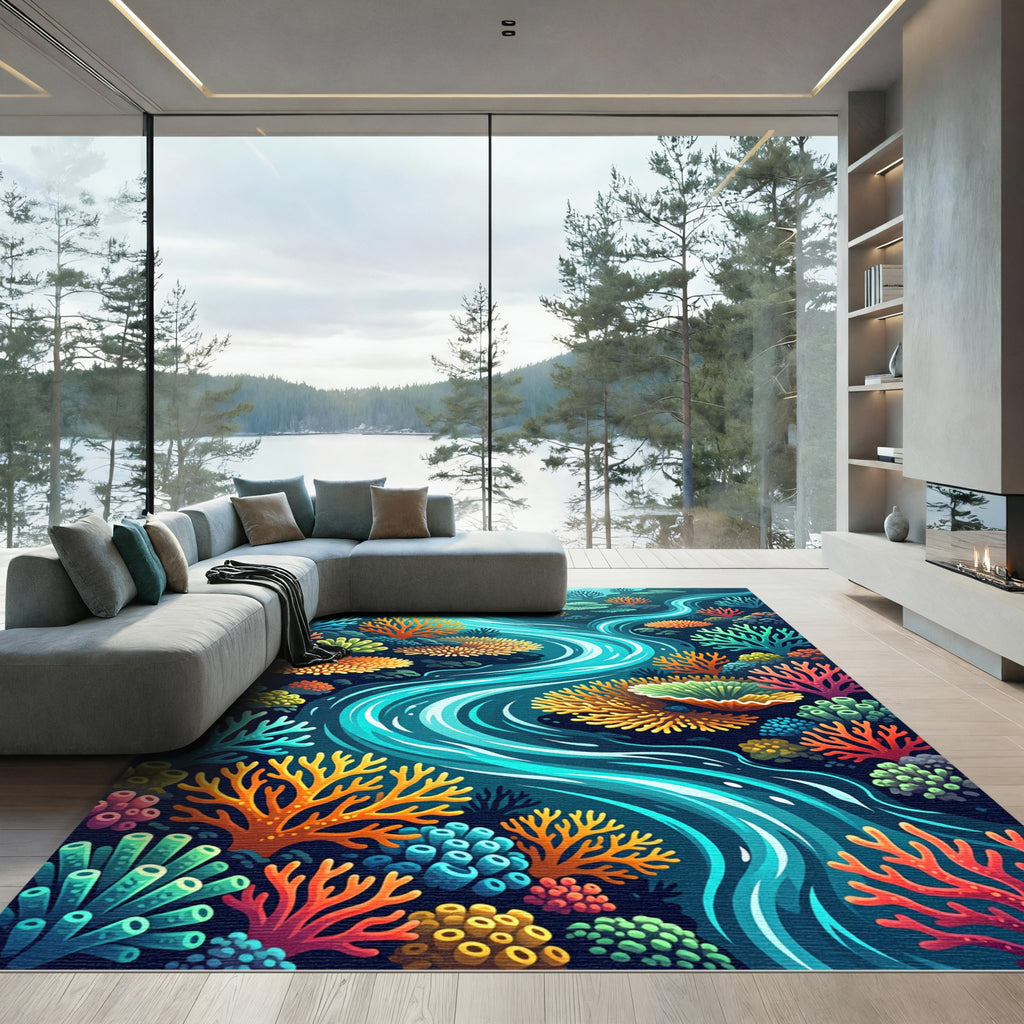 Vibrant Coral Reef Aquatic Stream Rug