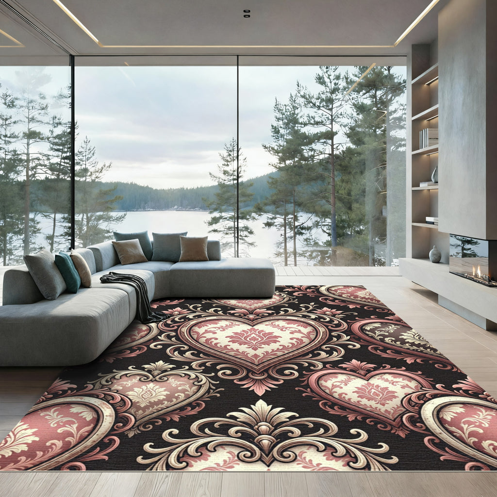 Pink Damask Heart Baroque Flourish Rug