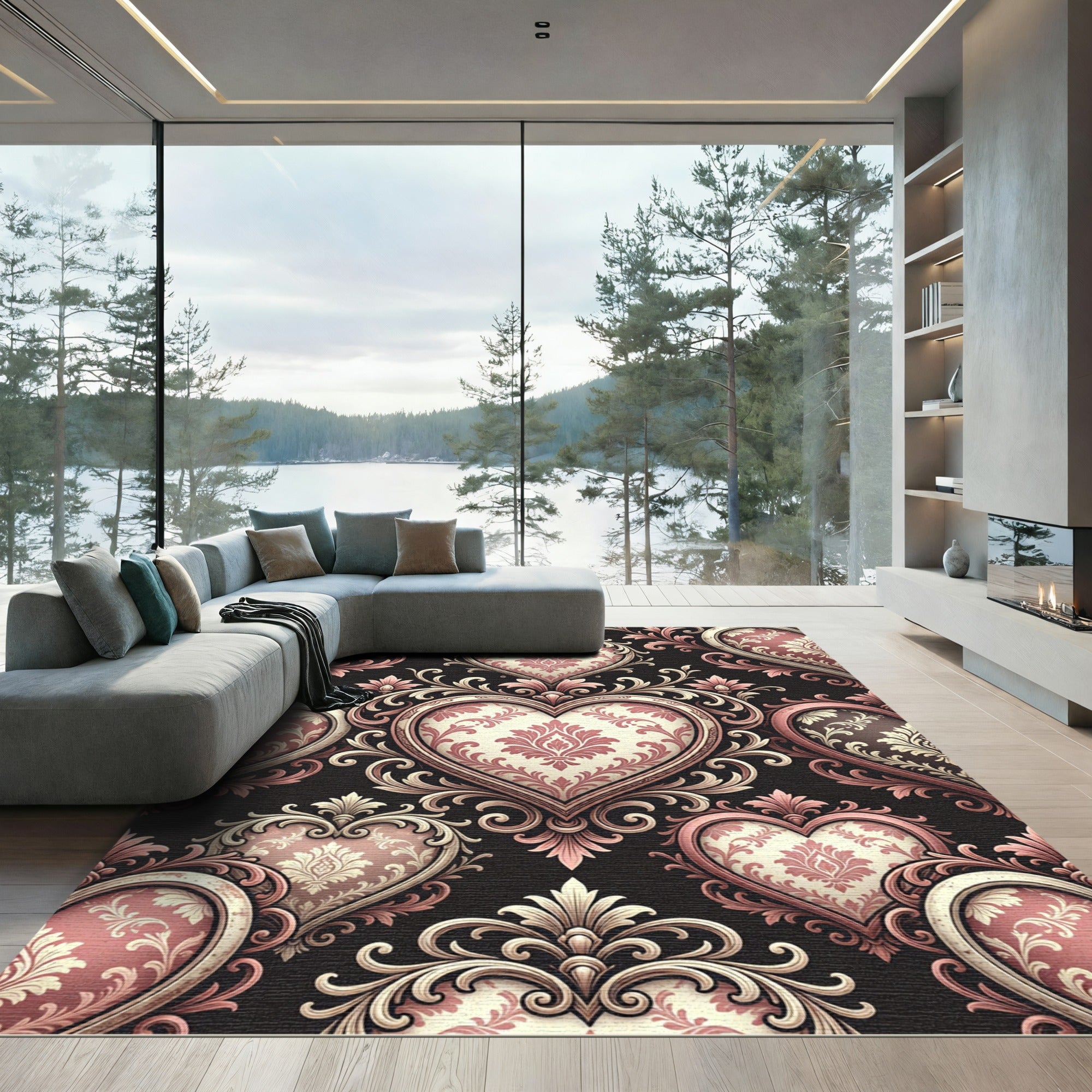Pink Damask Heart Baroque Flourish Rug