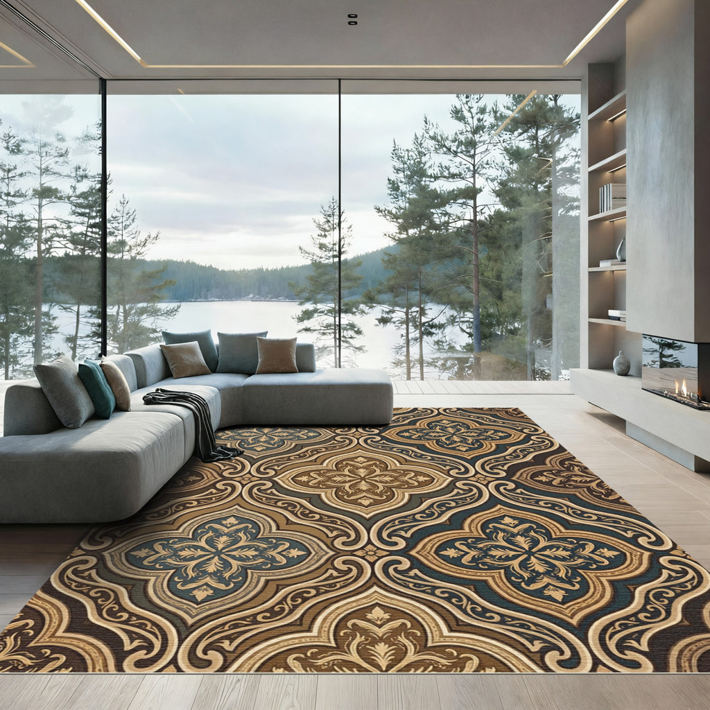 Dark Teal Gold Ornate Damask Scroll Rug