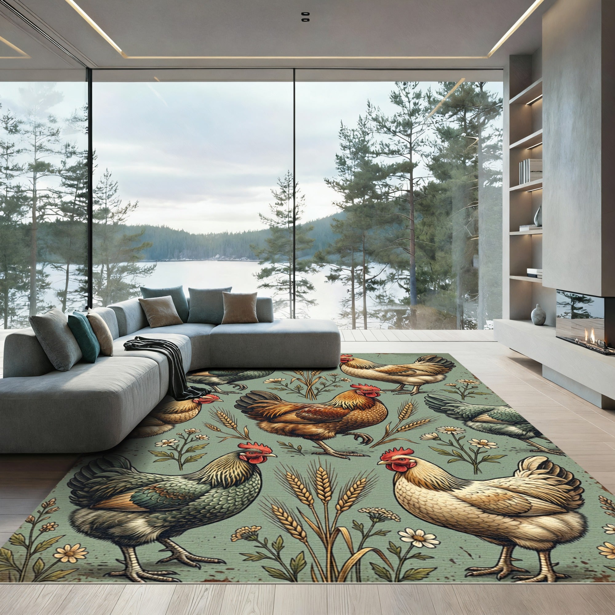 Rustic Farmhouse Chicken and Wheat Meadow Rug