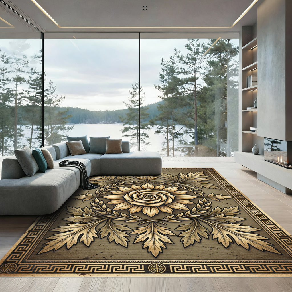 Golden Acanthus Leaf Medallion Gilded Rose Rug