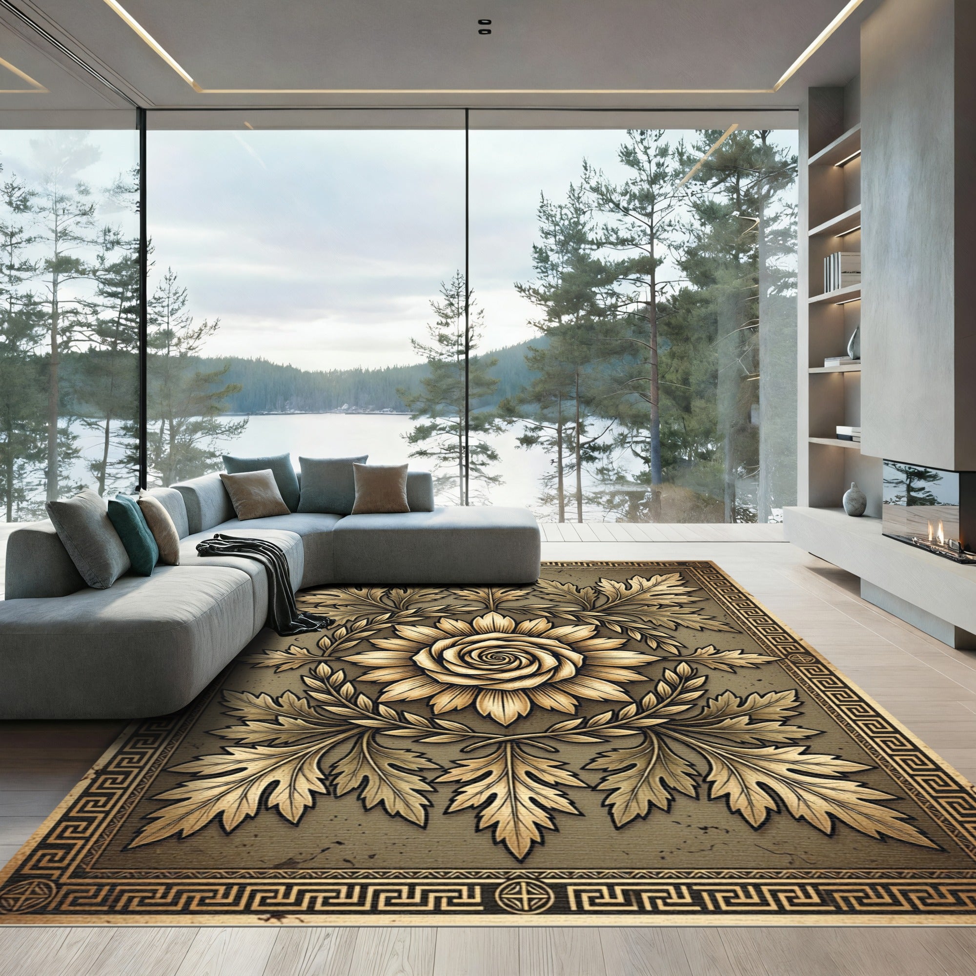 Golden Acanthus Leaf Medallion Gilded Rose Rug