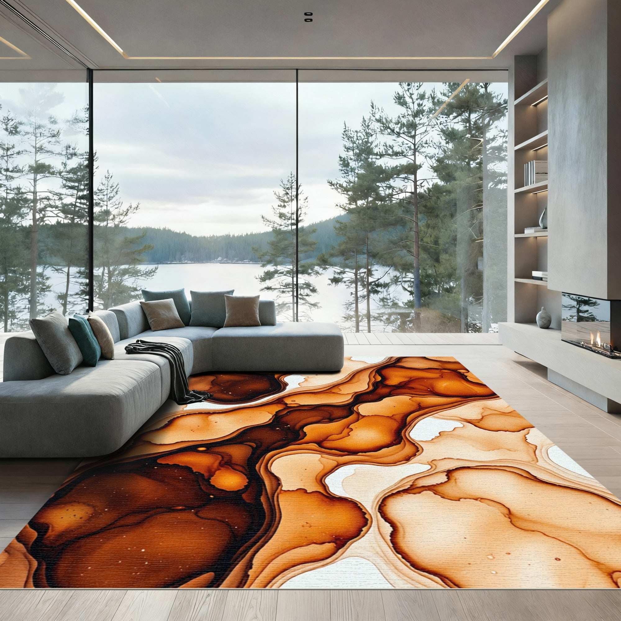 Fluid Umber Abstract Ink Swirl Rug