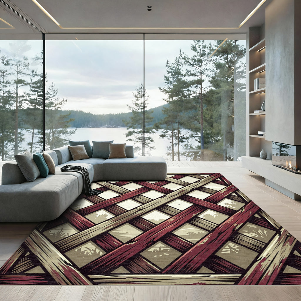 Rustic Crimson Lattice Geometric Grid Rug