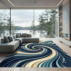 Deep Blue Ivory Swirl Ocean Waves Rug
