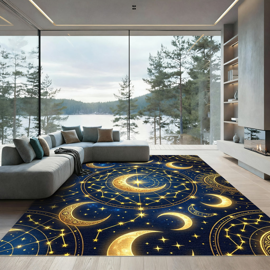 Golden Celestial Moon and Star Constellations Rug