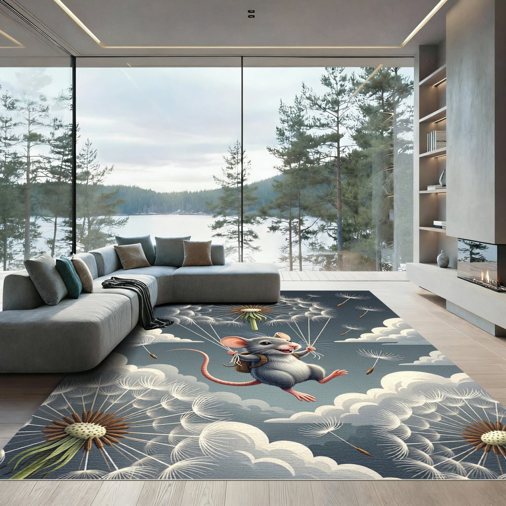 Whimsical Mouse And Dandelion Parachute Sky Rug
