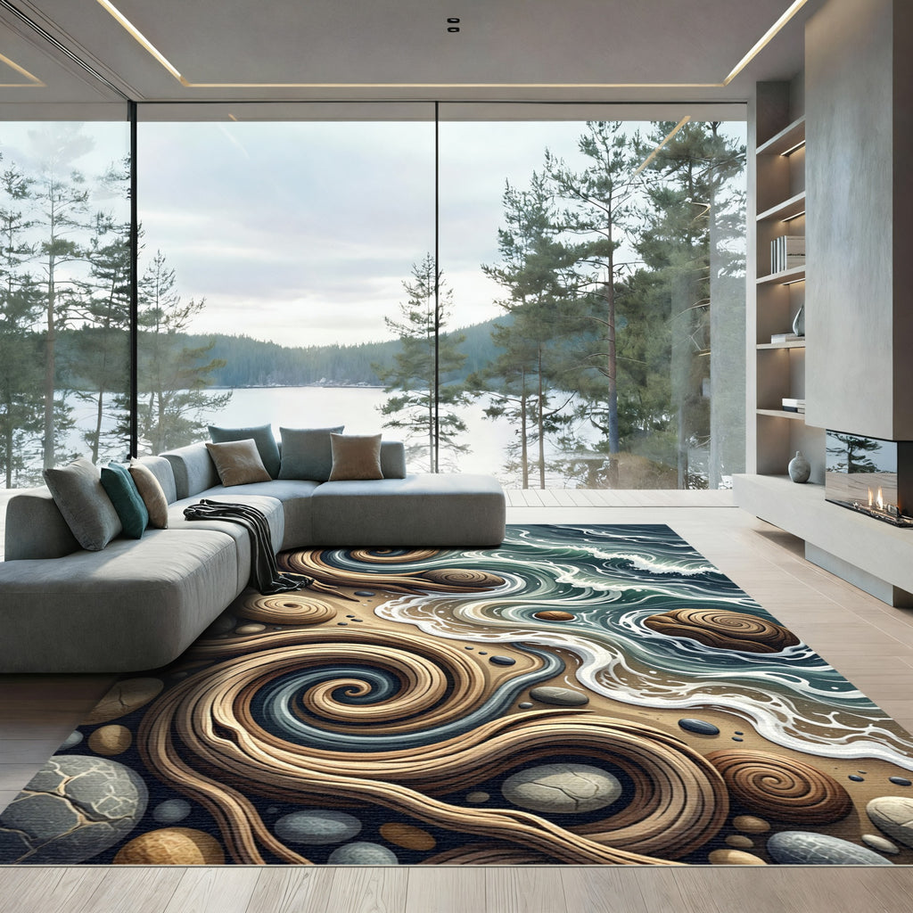 Coastal Swirl Wood Stone Ocean Rug