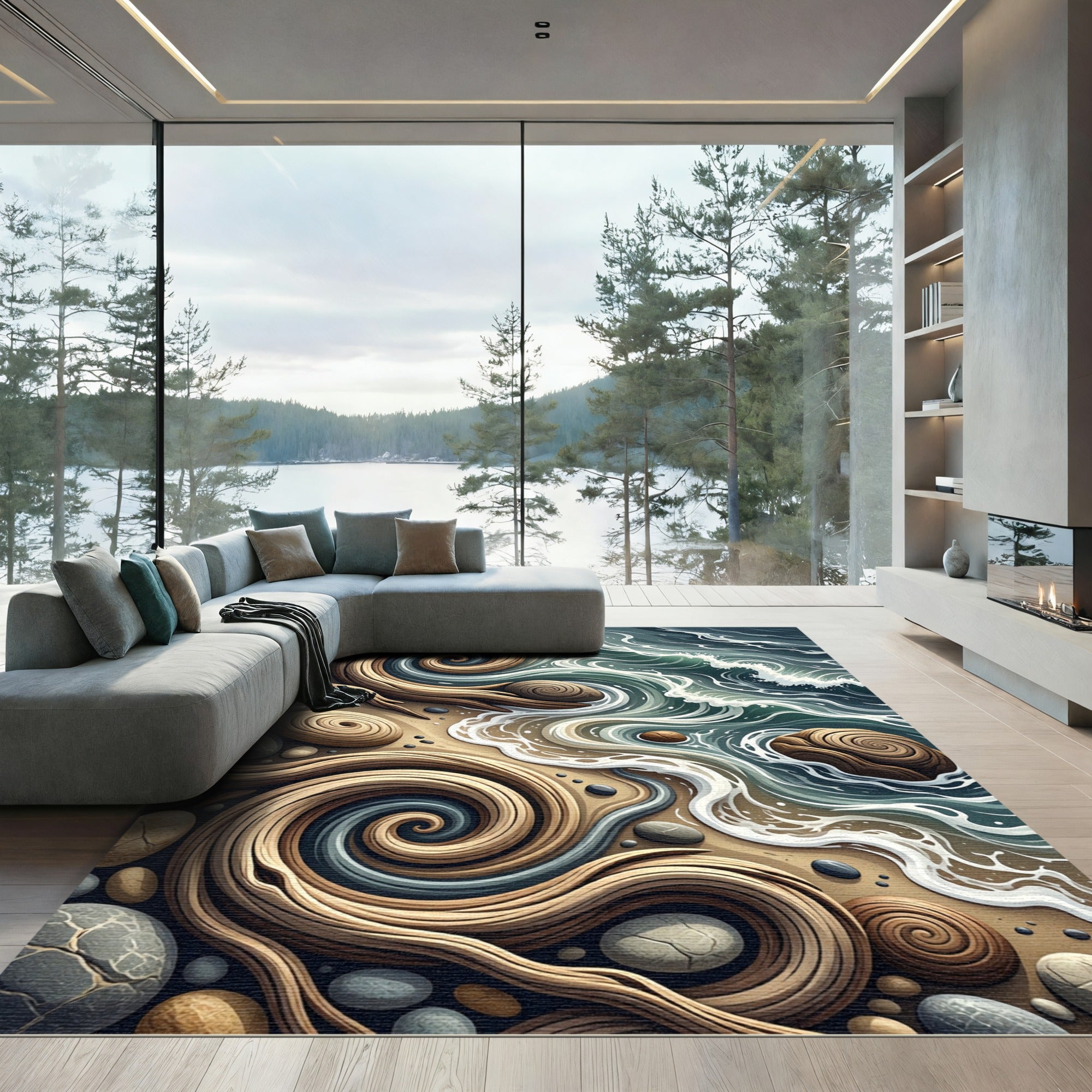 Coastal Swirl Wood Stone Ocean Rug
