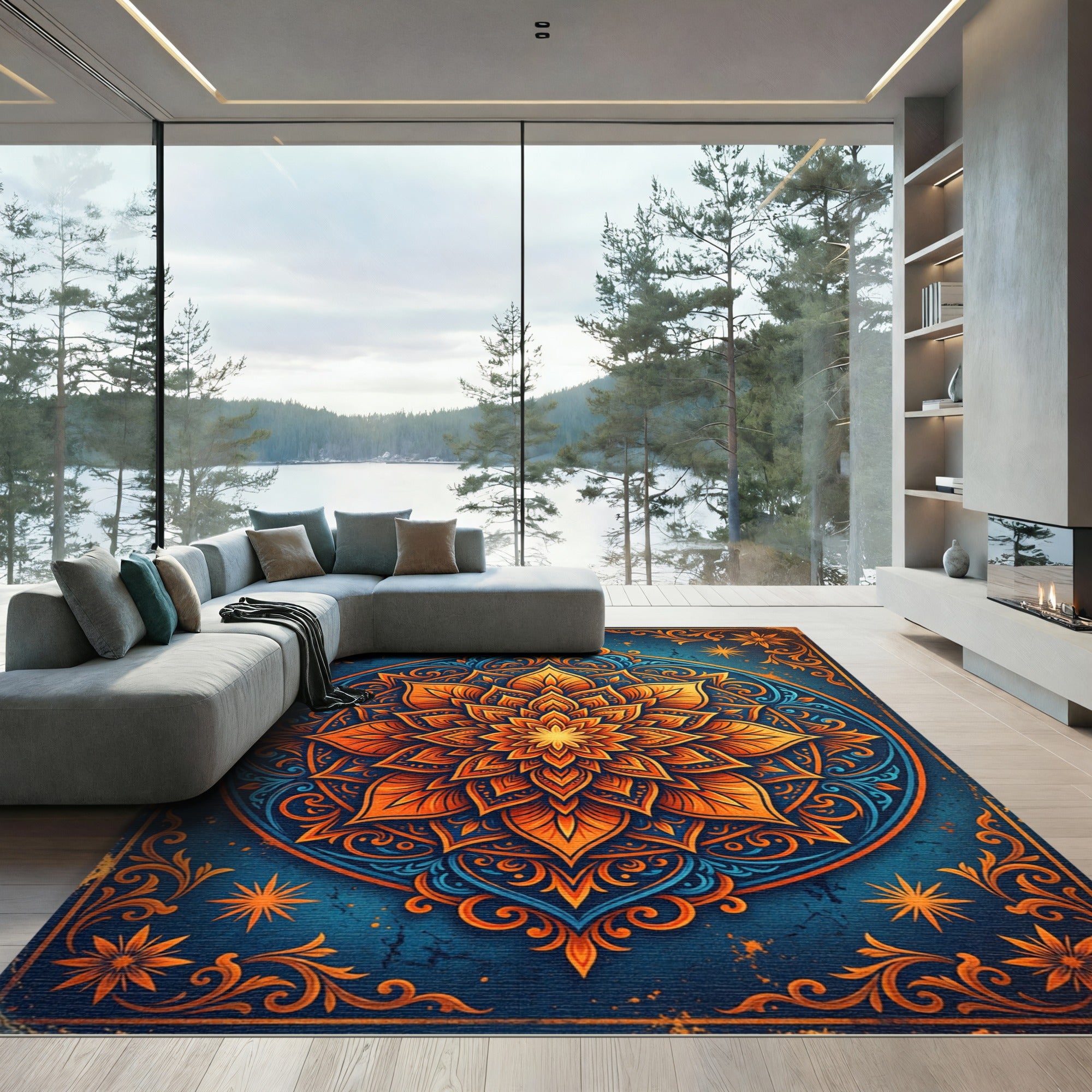 Golden Floral Mandala on Navy Blue Rug