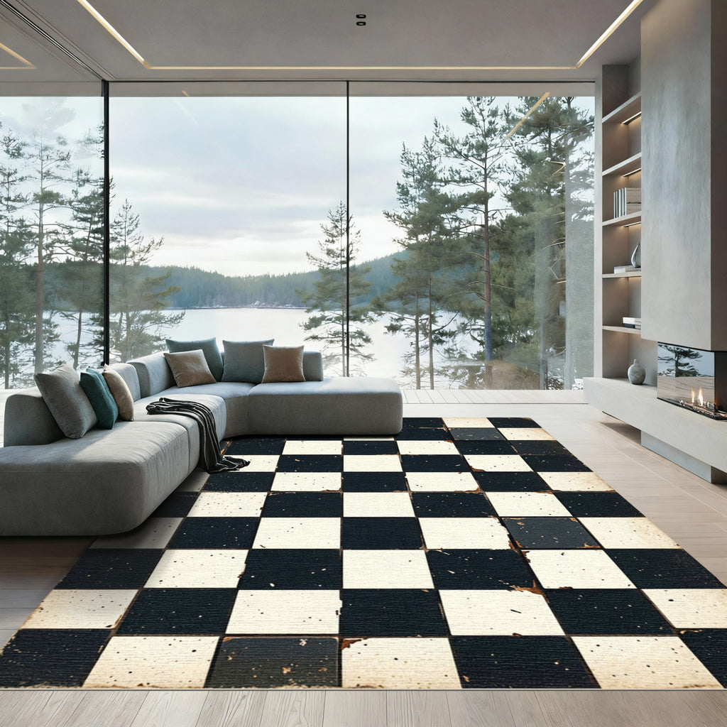 Distressed Black and White Checkered Tile Rug