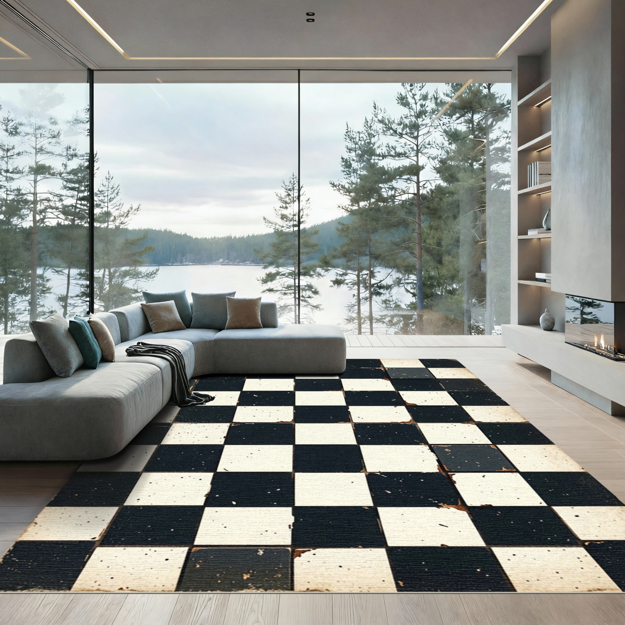 Distressed Black and White Checkered Tile Rug