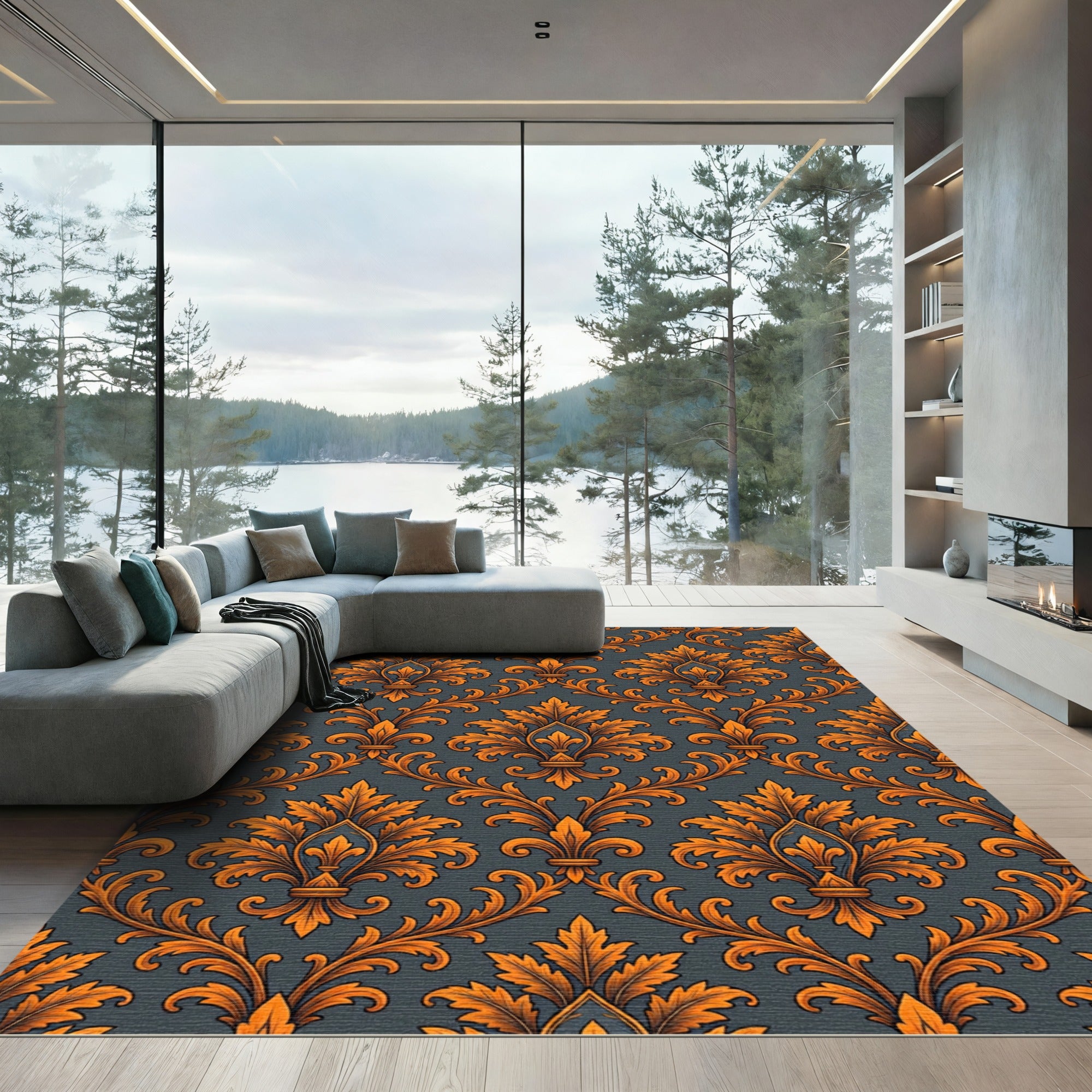 Orange Damask Floral Gold Scroll Rug