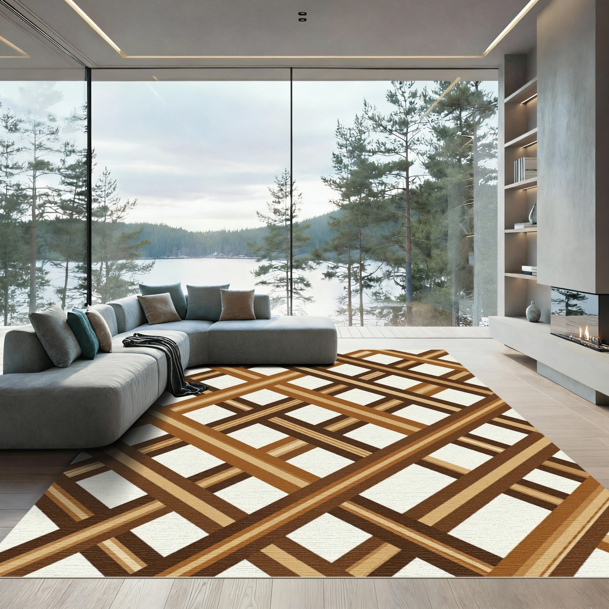 Brown Lattice Diagonal Bands Rug