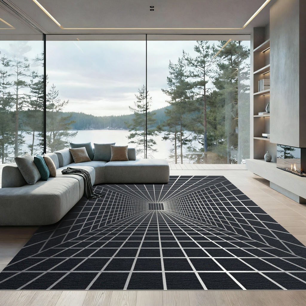 Monochrome Geometric Perspective Linear Grid Rug