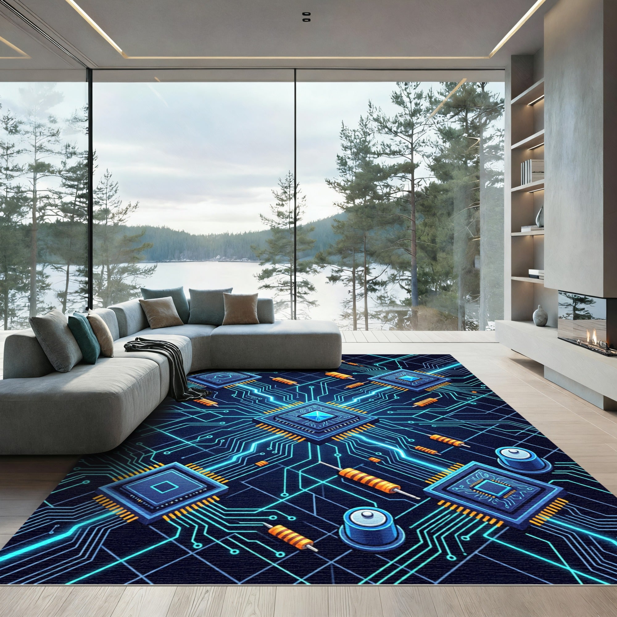 Neon Blue Circuitry Tech Grid Rug