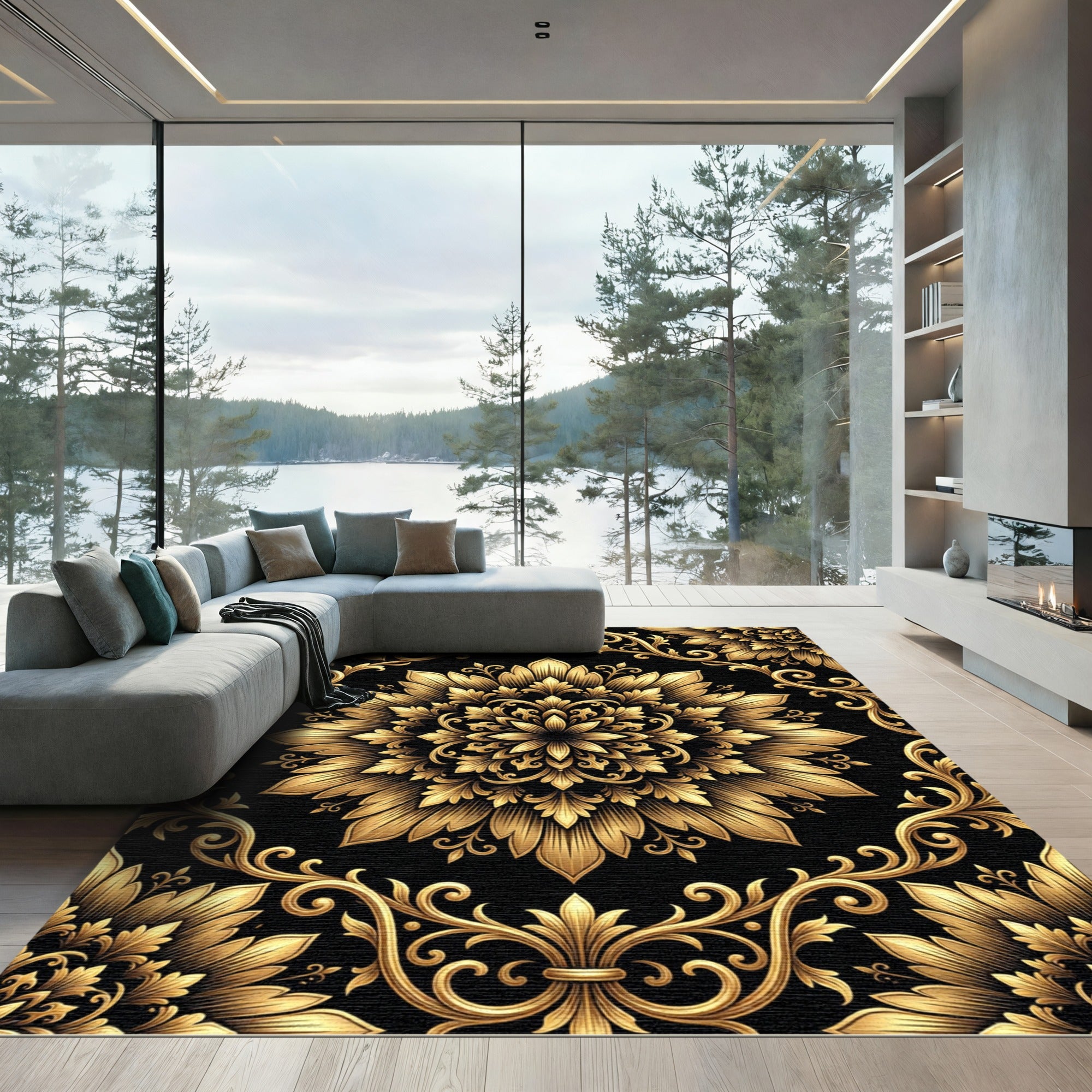 Luxurious Golden Floral Filigree Medallion Rug