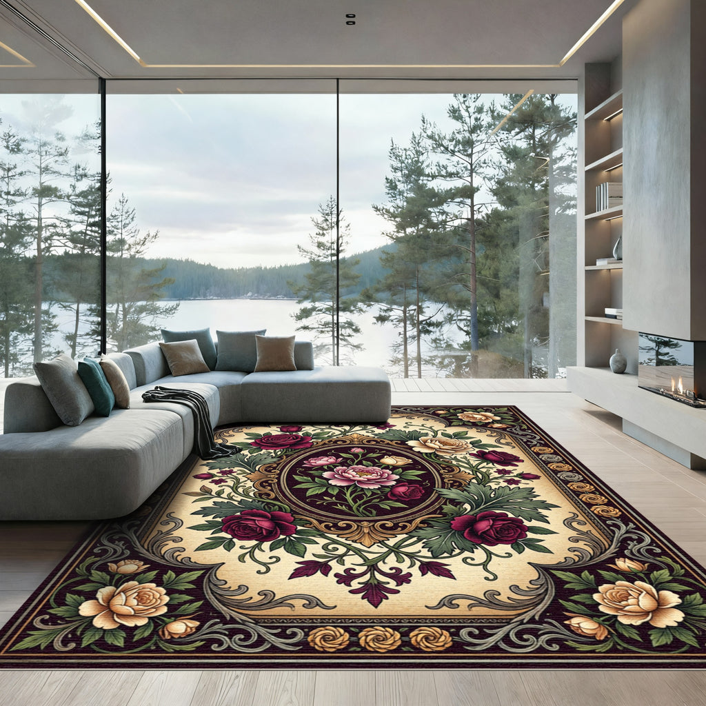 Victorian Crimson Floral Medallion Border Rug