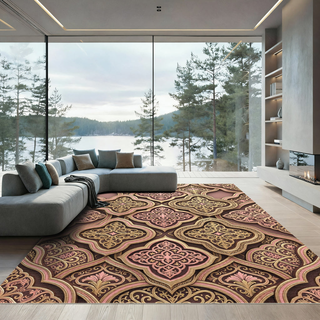 Elegant Gold Blush Trellis Floral Ornament Rug