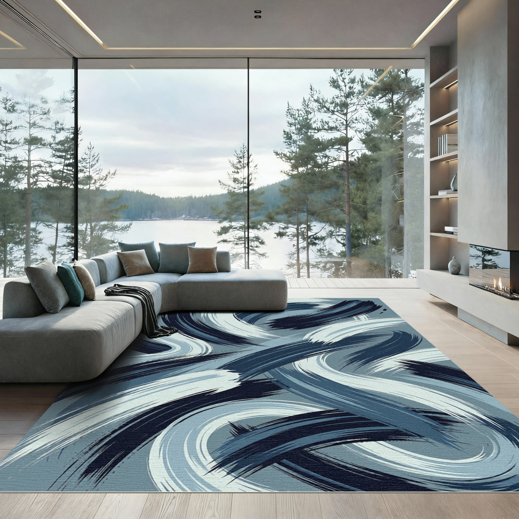 Abstract Navy and Sky Blue Swirl Rug