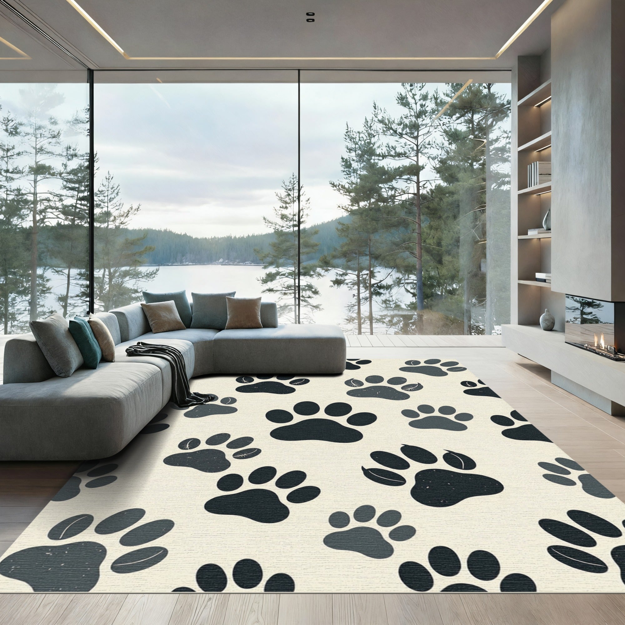 Minimalist Monochrome Animal Paw Area Rug
