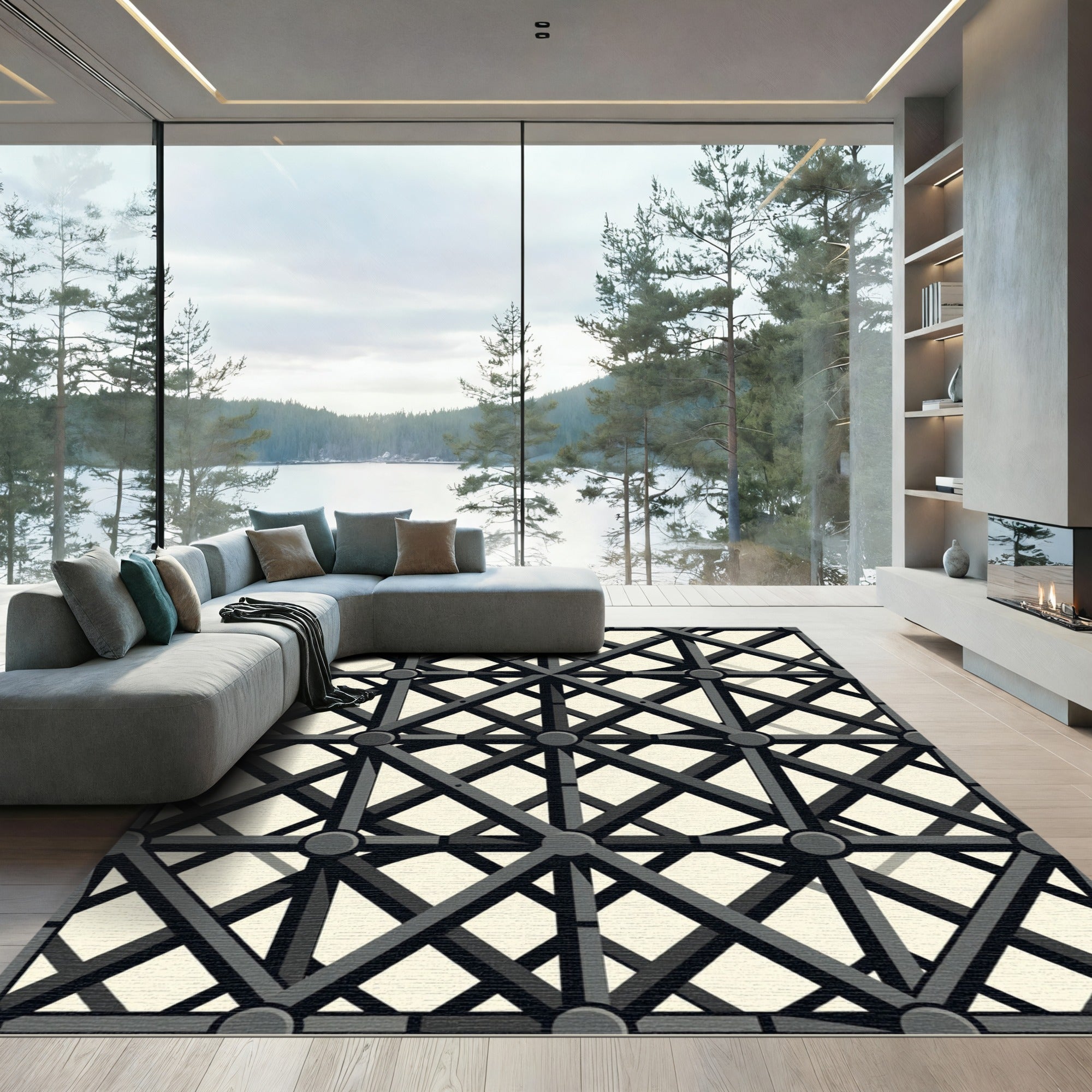 Dark Gray Geometric Lattice Rug