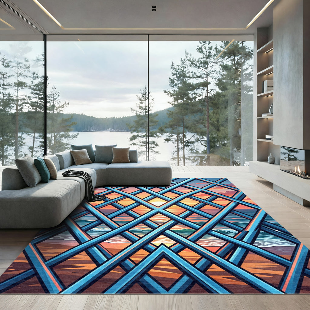 Blue Geometric Lattice Sunset Ocean View Rug