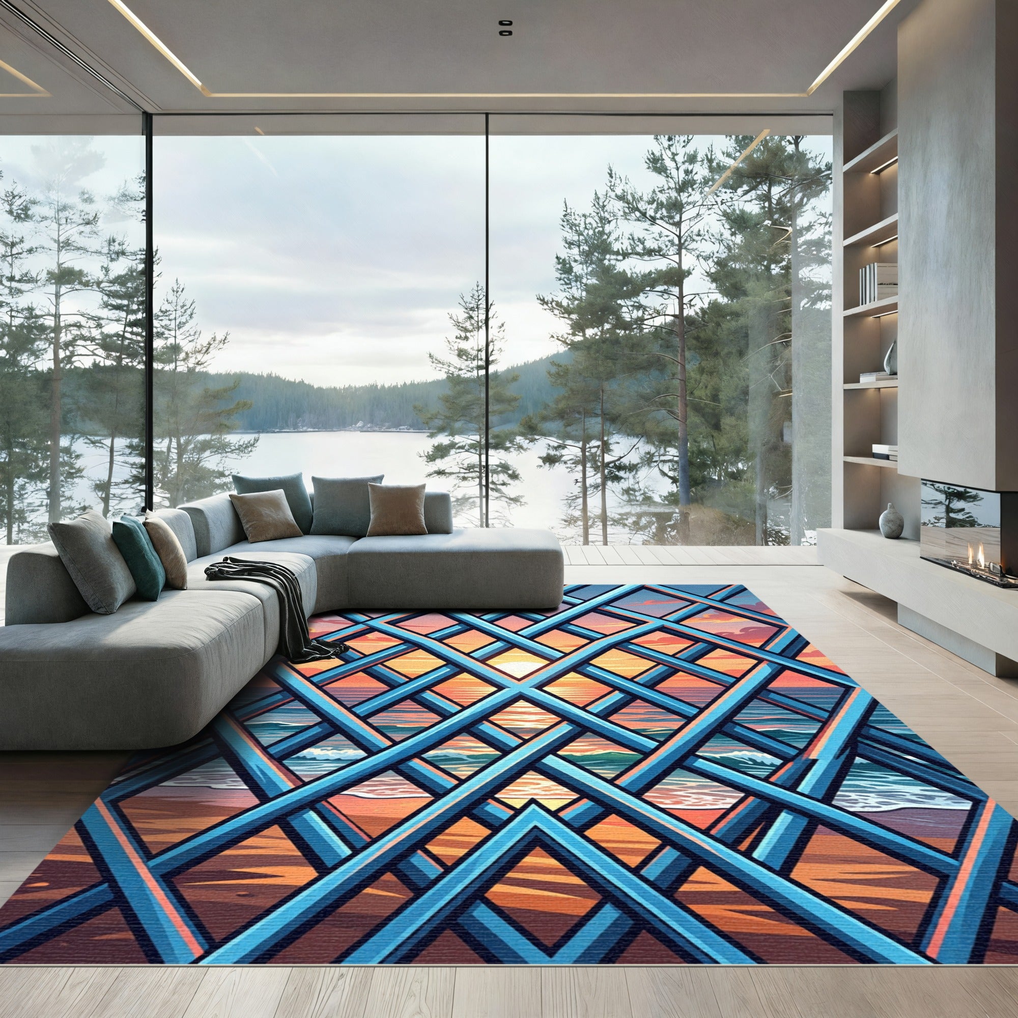 Blue Geometric Lattice Sunset Ocean View Rug