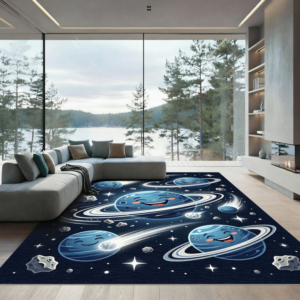 Whimsical Cosmic Blue Planet Galaxy Art Rug