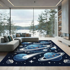 Whimsical Cosmic Blue Planet Galaxy Art Rug