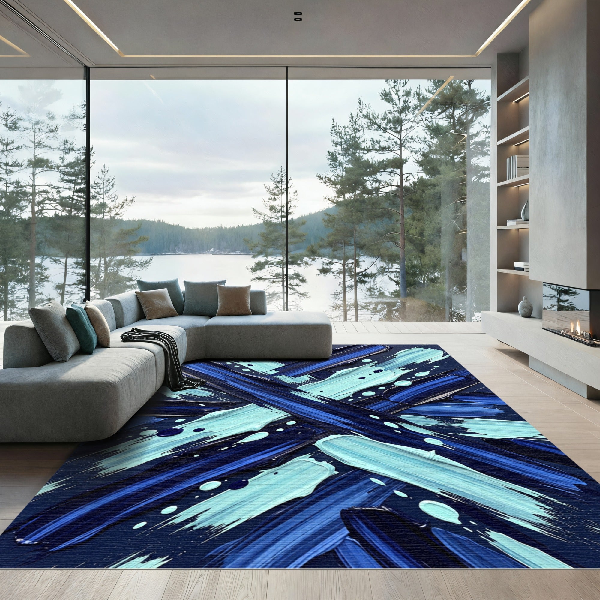 Abstract Cobalt Aqua Brush Stroke Rug
