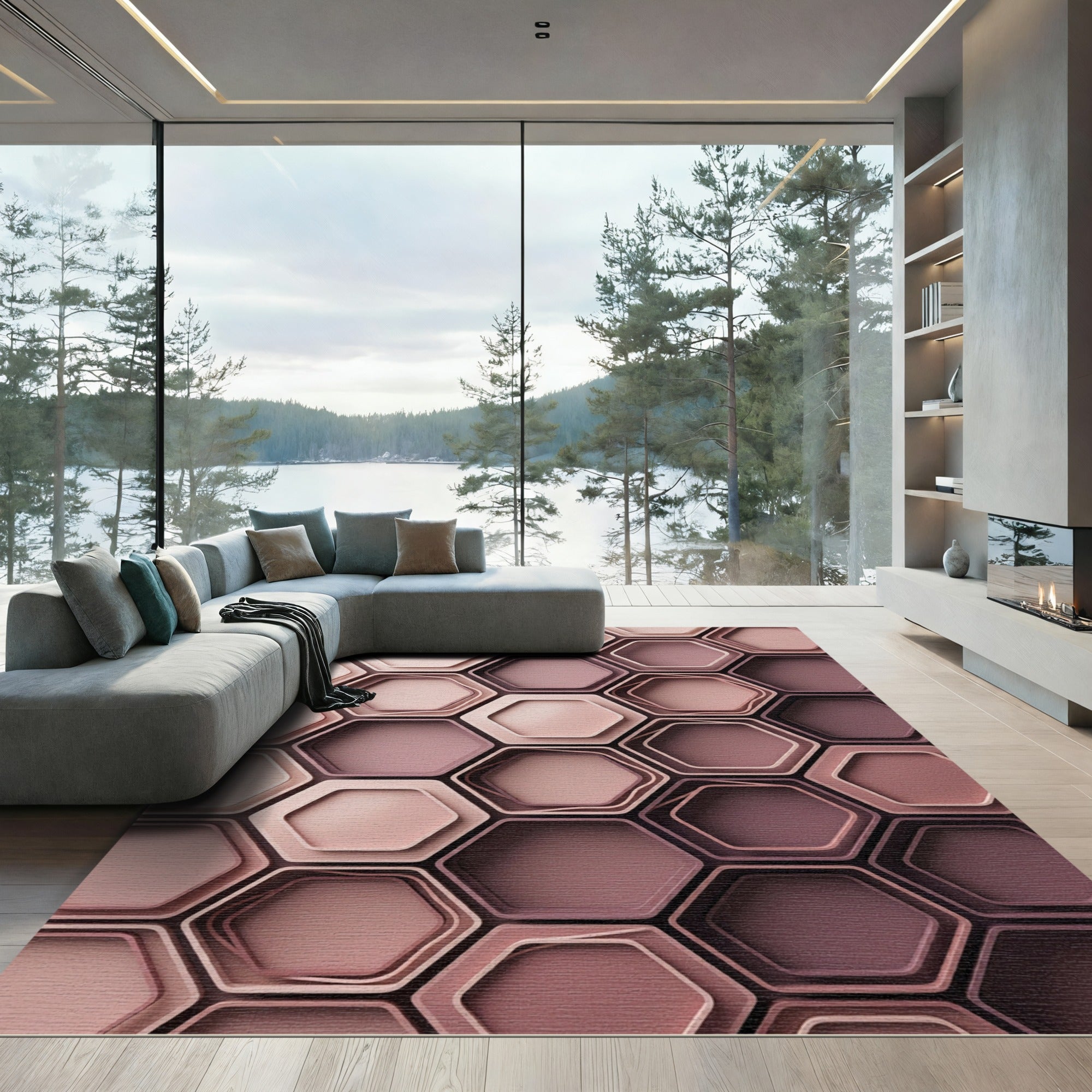 Blush Pink Hexagon Layered Geometric Rug