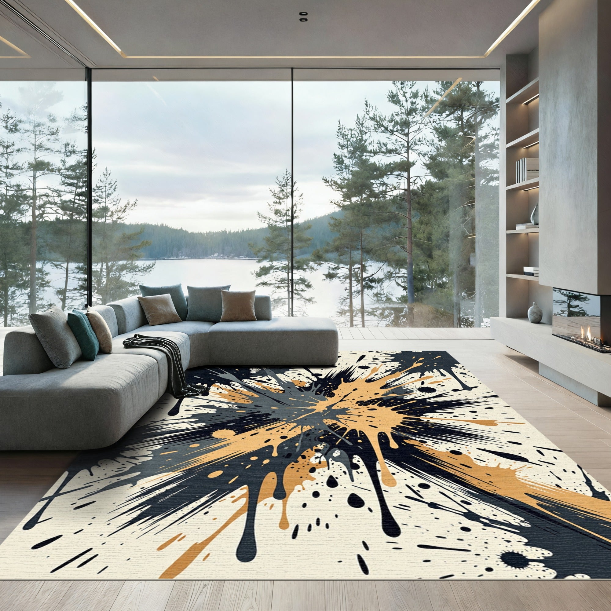 Abstract Splatter Paint Black Gold Rug