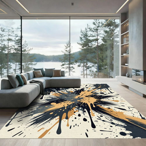Abstract Splatter Paint Black Gold Rug