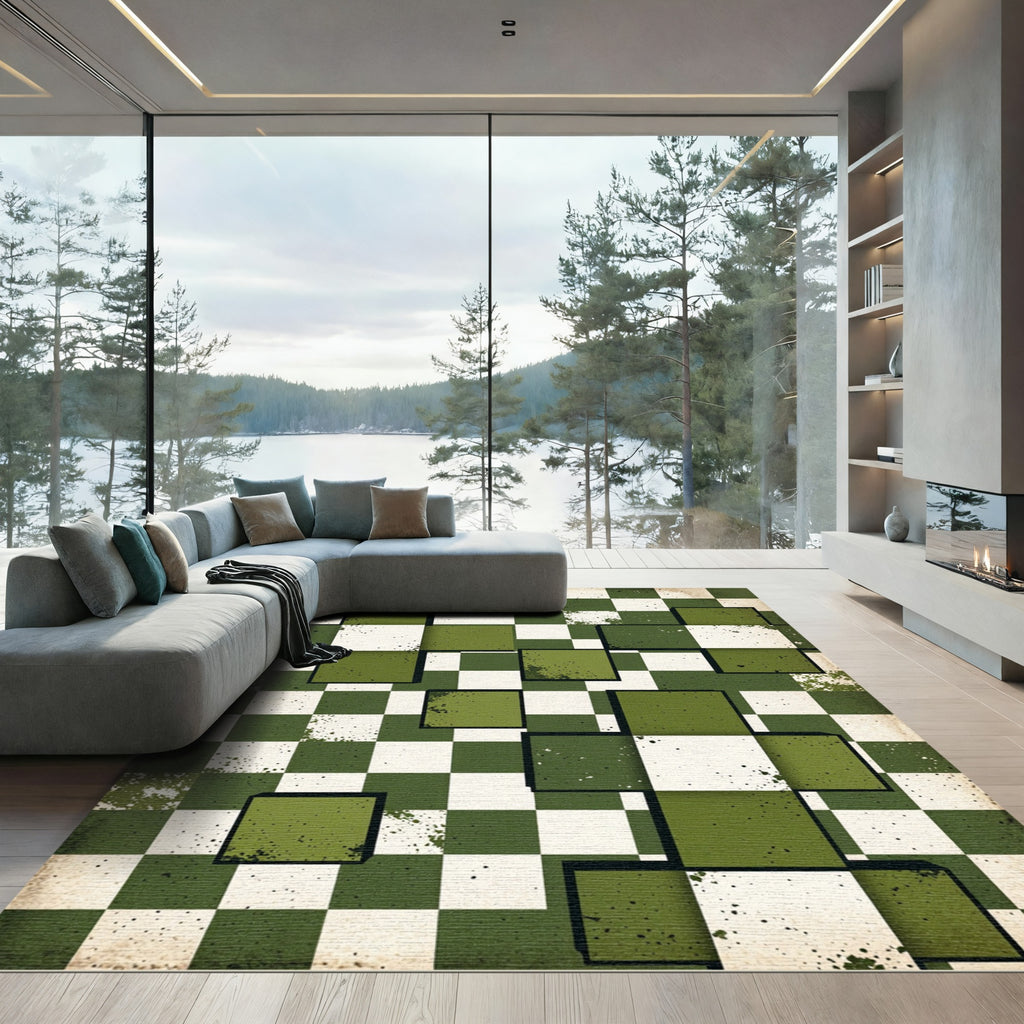 Olive Forest Geometric Layered Cube Art Rug
